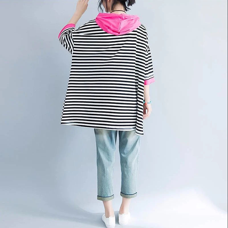 T-shirt Women's Hooded T-shirt Stripe Loose Top  Korean Casual Short Sleeve Tops Women's T-shirts With Short Sleeve Hoodie