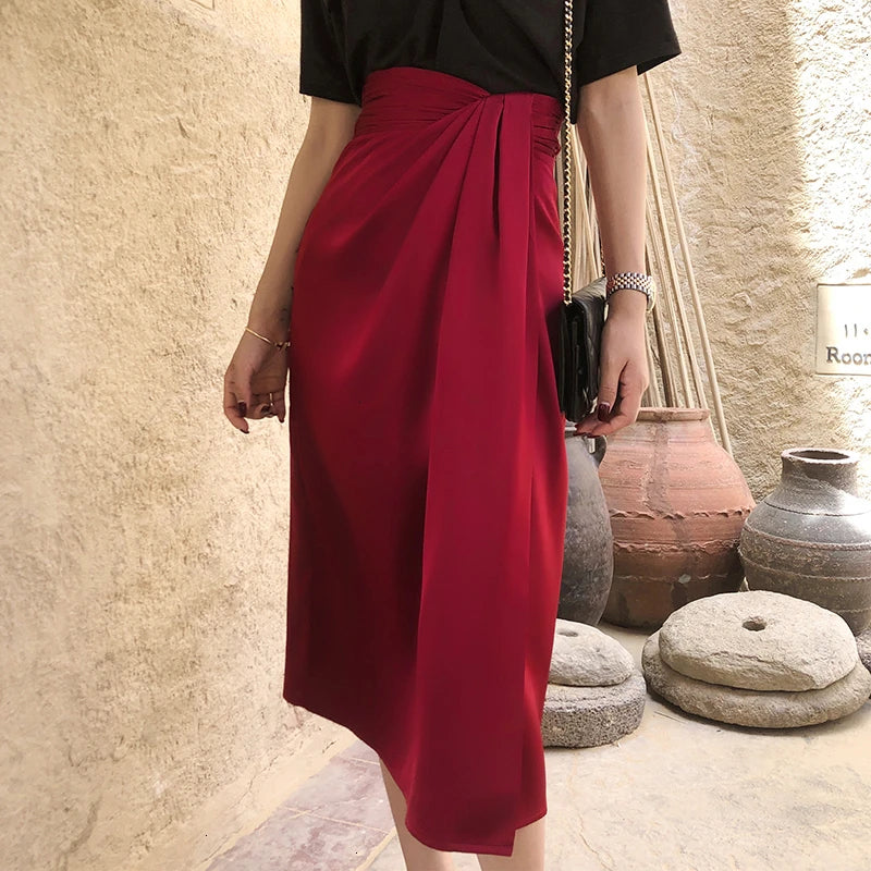 Vintage Irregular Side Split Skirt Women High Waist Asymmetrical Ruched Skirts For Female Fashion Clothing