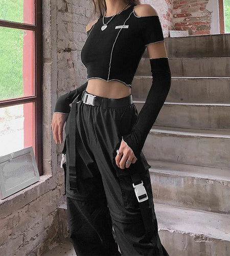 Patchwork Black T-shirts Gothic One Shoulder Sleeve Crop Tops Ruffles Hem Hip Hop Techwear Women Tees
