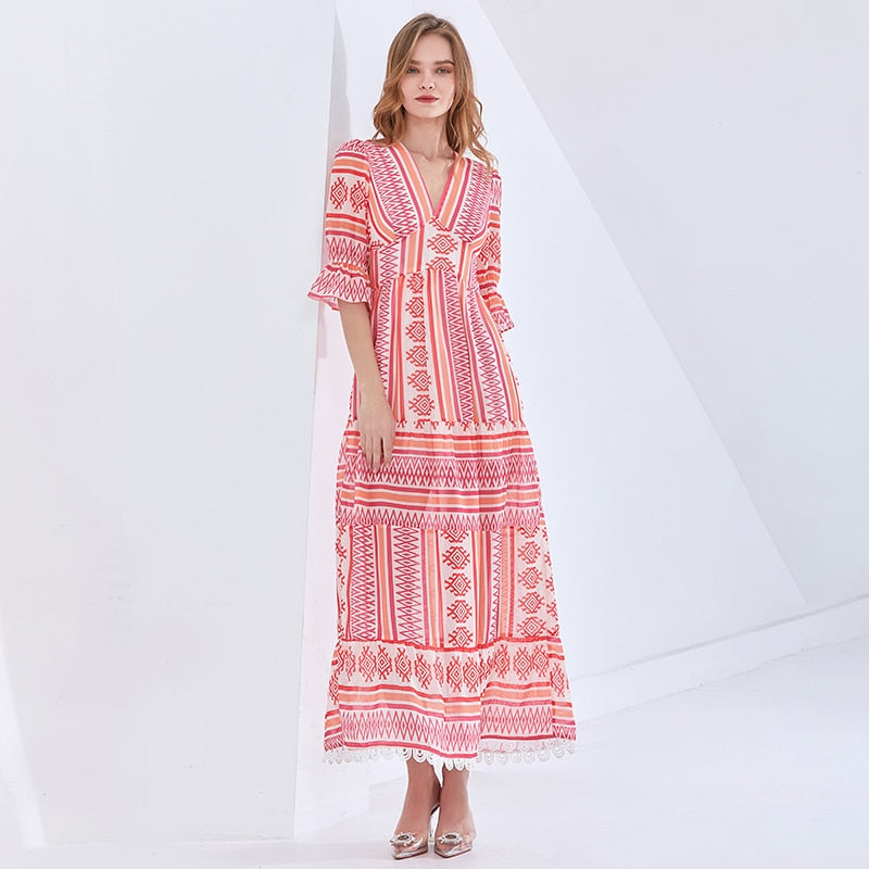 Print Vintage Spring Dress For Women V Neck Half Sleeve High Waist Elegant Maxi Dresses Female Fashion Clothes