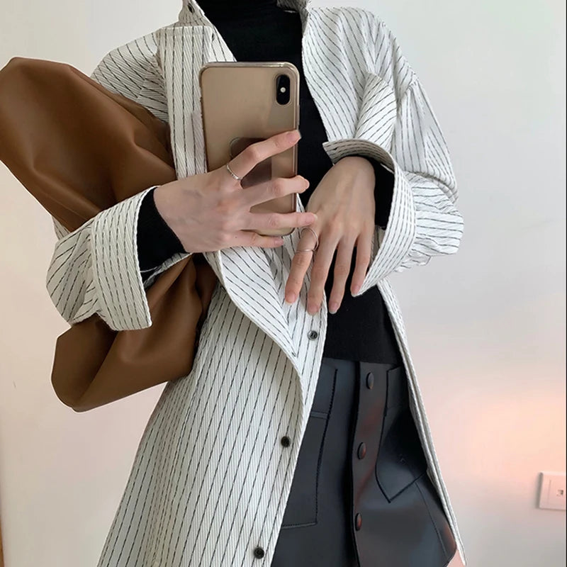 Casual Striped Blouse For Women Lapel Long Sleeve Side Split Large Size Temperament Shirt Female Fashion Clothing