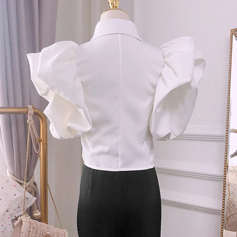 Vintage Ruffles Women Blouse Lapel Collar Butterfly Short Sleeve Loose Shirt Female Fashion Clothes Summer