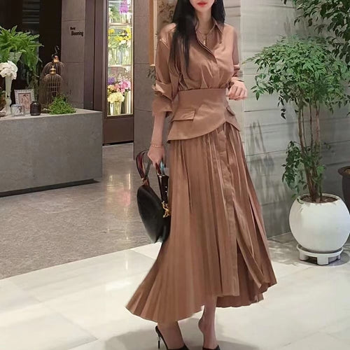 Load image into Gallery viewer, Elegant Pleated Dress For Women Lapel Long Sleeve High Waist Maxi Dresses Female Fashion New Clothing Spring
