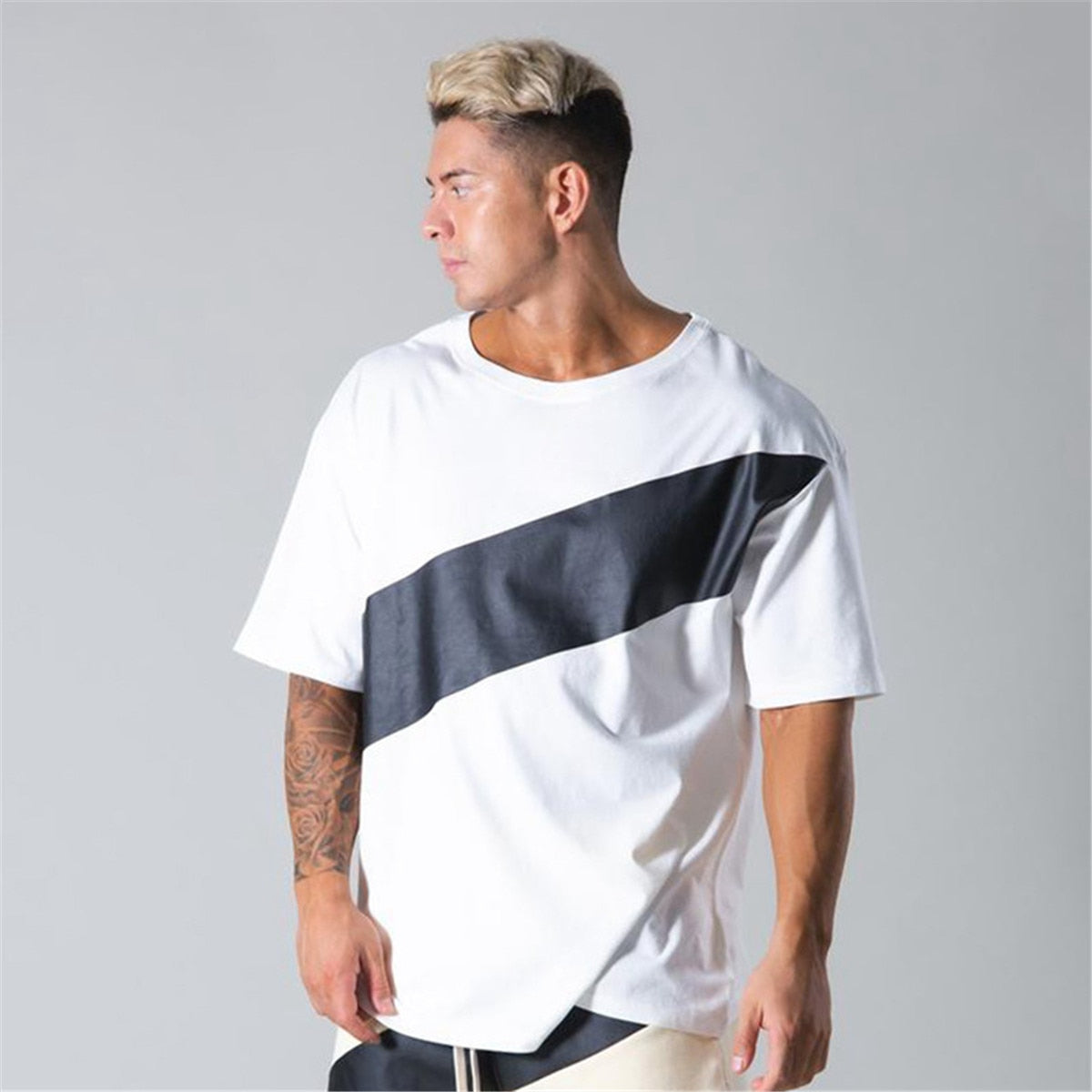 Summer Casual Loose T-shirt Men Cotton Fitness Workout Short Sleeve Shirt Male Gym Sports Tees Tops Fashion Patchwork Clothing