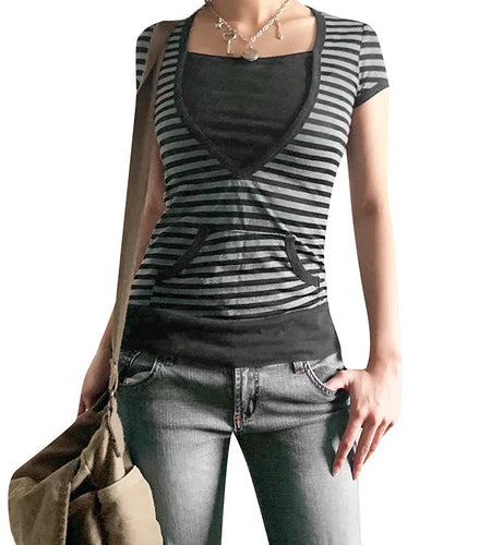 y2k Short Sleeve Top Women Stripe Patchwork Harajuku Tee Vintage Woman Clothes Fairy Grunge Tshirt with Pocket Outfits