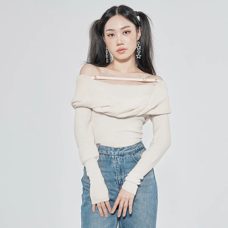 Solid Sexy Sweater For Women Slash Neck Long Sleeve Cut Out Slim Knitting Pullover Female Korean Fashion Clothing Style