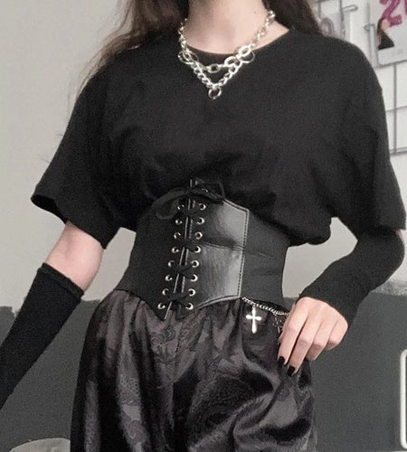 Gothic Dark Lace Up Crop Top Women Corset Belt Slim Cummerbunds PU Leather Top Harness Bustier Tops To Wear Out 2023