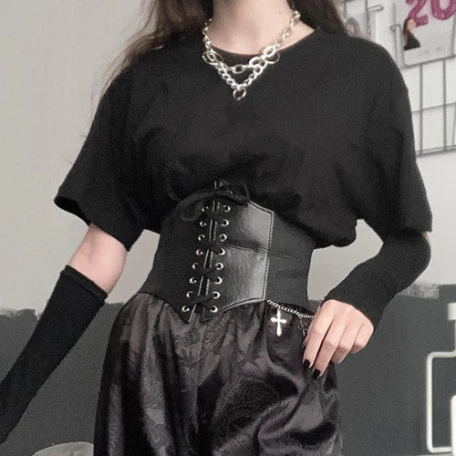 Load image into Gallery viewer, Gothic Dark Lace Up Crop Top Women Corset Belt Slim Cummerbunds PU Leather Top Harness Bustier Tops To Wear Out 2023
