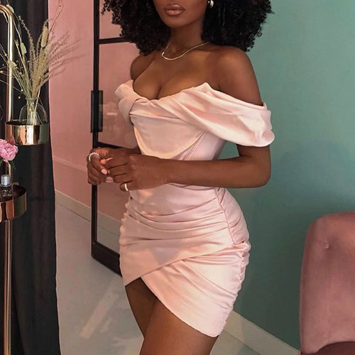 Load image into Gallery viewer, High Quality Bodycon Satin Dress Pink Women Party Dress Mini 2021 New Double Layer Summer Dress Celebrity Evening Club Dress

