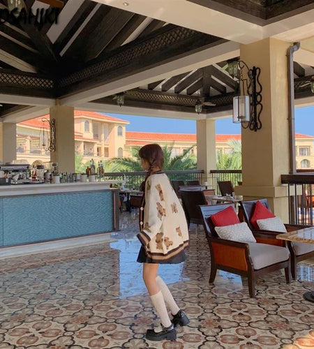 Autumn Women Clothing Knitted Sweater Bear Cardigan Cute Tops Korean Japanese Fashion Crochet Top Harajuku Kardigany