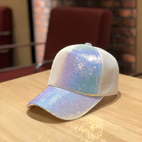 Load image into Gallery viewer, Striking Pretty Adjustable Women Panama Girls Hats For Party Club Gathering rainbow Sequins  Shining Mesh Baseball Cap
