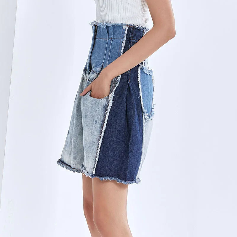 Patchwork Tassel Hit Color Wide Leg Short For Women High Waist Casual Shorts Female Summer Fashion Style