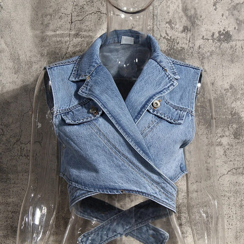Load image into Gallery viewer, Irregular Cross Denim Coat For Women High Waist Hollow Out Casual Short Tops Female Summer Fashion Style

