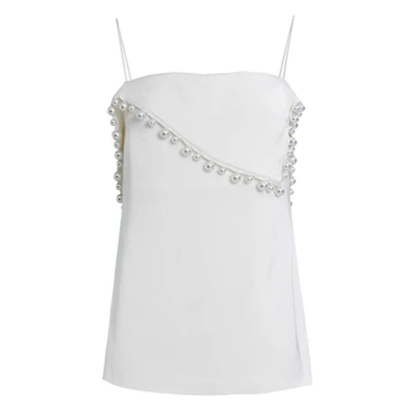 White Patchwork Pearls Vest For Women Halter Sleeveless Backless Lace Up Tank Tops Female Summer Fashion