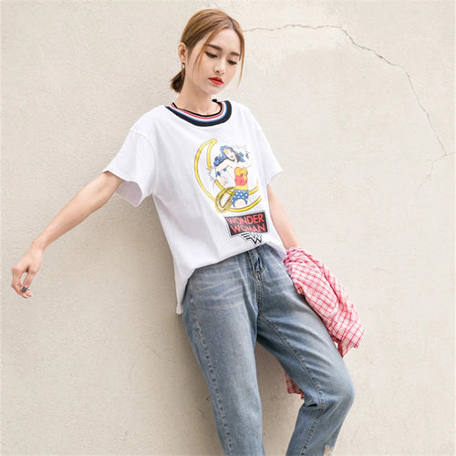 Load image into Gallery viewer, Summer Fashion Harajuku White T shirt Female Loose Rainbow Stripe Collar Cartoon Printed Tops Short Sleeve Casual T-shirts Women
