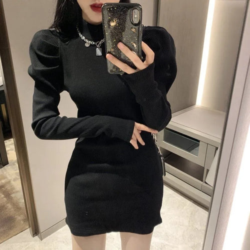 Load image into Gallery viewer, Autumn Knitted One-piece Dress Korean Women Winter Warm Puff Long Sleeve Sexy Mini Dress Bodycon Black Dresses Kpop
