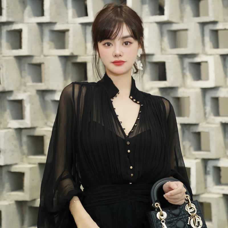 Temperament Fold Pleated Mini Dress For Women V Neck Puff Long Sleeve High Waist Button Slim Mesh Dresses Female 2021 Style