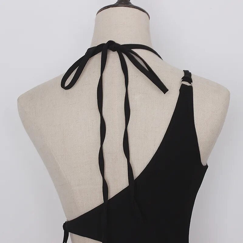 Black Sexy Vests For Women Asymmetrical Collar Sleeveless Bandage Irregular Solid Tank Tops Female Summer