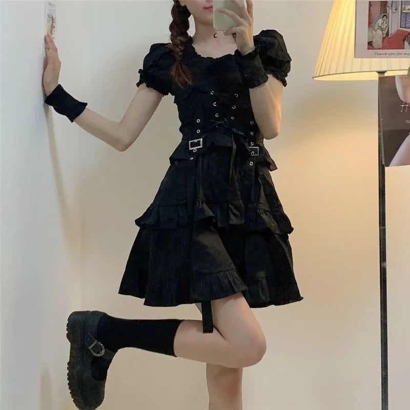 Women's Gothic Lolita Dress Gothic Punk Mall Goth Kawaii Cute Ruffle Bandage Black Mini Dress Emo Clothes Summer