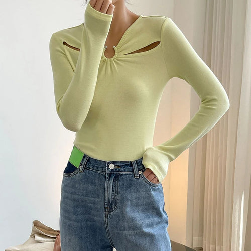 Load image into Gallery viewer, Casual Slim Solid Cut Out T Shirt Female V Neck Long Sleeve Gathered Waist Korean Fashion T Shirts For Women Autumn
