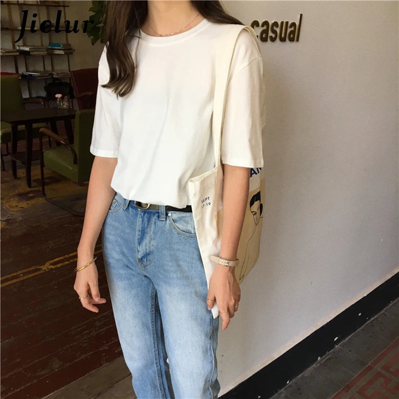 15 Colors Women's T-shirts Loose Casual Harajuku Basic Tee Shirt Summer Korean Female T-shirt S-XL Apricot White Tops