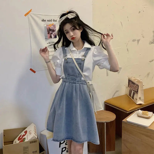 Load image into Gallery viewer, Vintage Denim Dress Sundress Korean Style Casual Mini Summer Women&#39;s Dresses Loose Student  Robe Femme Chic Fashion
