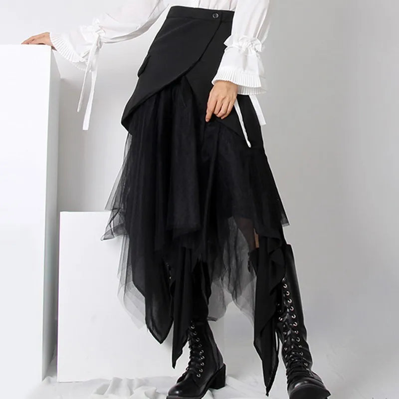 Asymmetrical Patchwork Mesh Skirt For Women High Waist Plus Sizes Skirts Female Fashion Clothes Spring