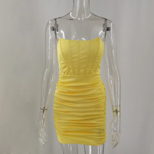 Load image into Gallery viewer, Satin Strapless Ruched Dress For Women Summer Off-shoulder Sleeveless Bodycon Party Clubwear Mini Dresses Vestidos
