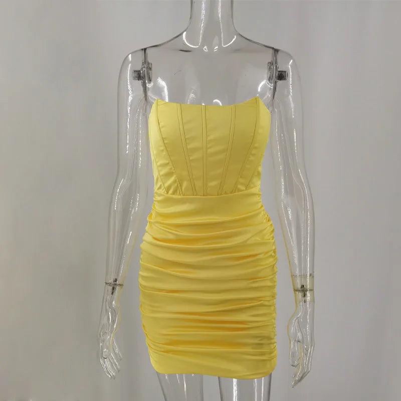 Satin Strapless Ruched Dress For Women Summer Off-shoulder Sleeveless Bodycon Party Clubwear Mini Dresses Vestidos