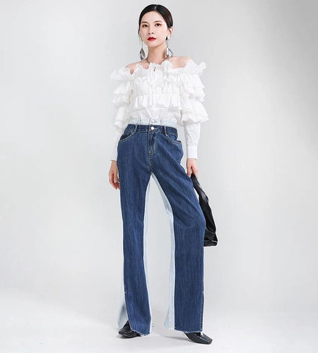 Casual Colorblock Jeans Female High Waist Korean Fashion Split Hem Wide Leg Pants For Women Spring Clothes
