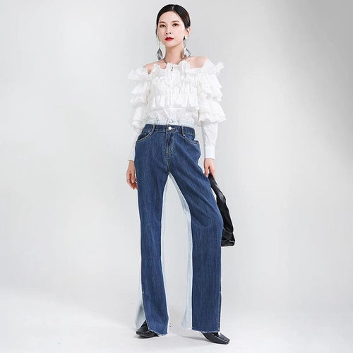 Load image into Gallery viewer, Casual Colorblock Jeans Female High Waist Korean Fashion Split Hem Wide Leg Pants For Women Spring Clothes
