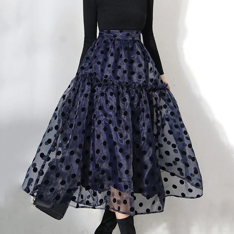 Sweet Dot Sheer Mesh Women's Clothing High Waist Patchwork Colorblock A Line Long Skirts Female Spring Stylish