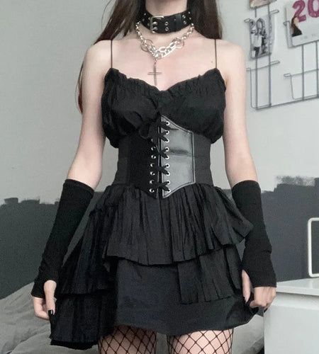 Gothic Dark Lace Up Crop Top Women Corset Belt Slim Cummerbunds PU Leather Top Harness Bustier Tops To Wear Out 2023