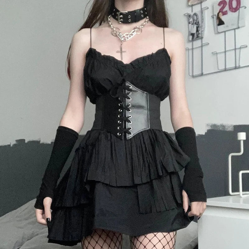 Gothic Dark Lace Up Crop Top Women Corset Belt Slim Cummerbunds PU Leather Top Harness Bustier Tops To Wear Out 2023