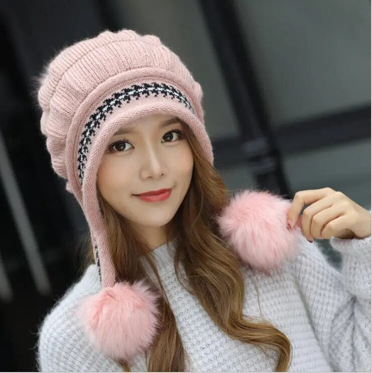 Girl Warm Ski Brand rabbit Fur Pom Poms Warm Gloves + knit hat set Winter Women Wool Beanie Hat thick Skullies Female Cap