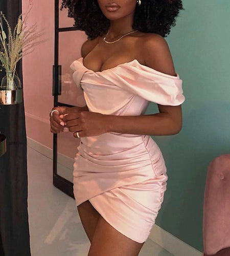 Satin Bodycon Dress Women Party Dress Mini 2021 New Arrivals Pink Off The Shoulder Bodycon Dress Celebrity Evening Club Dress