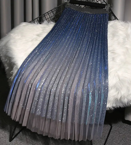 High Waist Mesh Long Skirt Women's Spring And Summer Sequin Gradient Color Pleated Midi Tulle Skirts Female Sweet Fairy Skirt