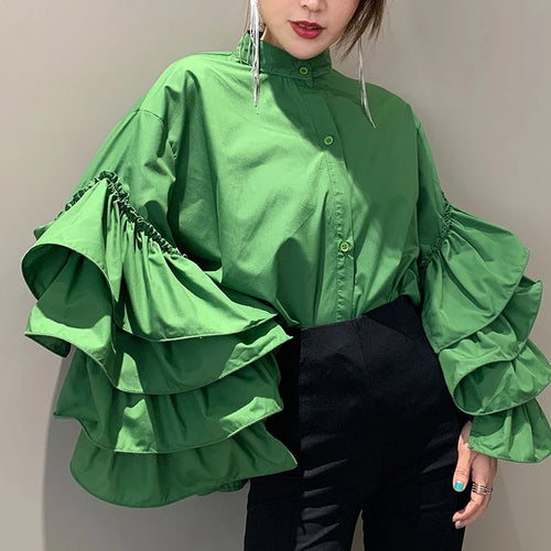 Load image into Gallery viewer, Casual Patchwork Ruffles Women Shirts Stand Collar Lantern Long Sleeve Loose Blouses Female 2020 Summer Fashion Clothes
