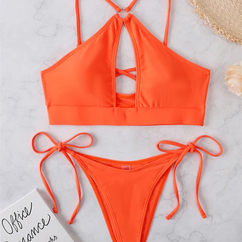 Load image into Gallery viewer, Cross Halter Bikini High Cut Female Swimsuit Women Swimwear String Thong Bikini set Padded Bandage Bathing Suit
