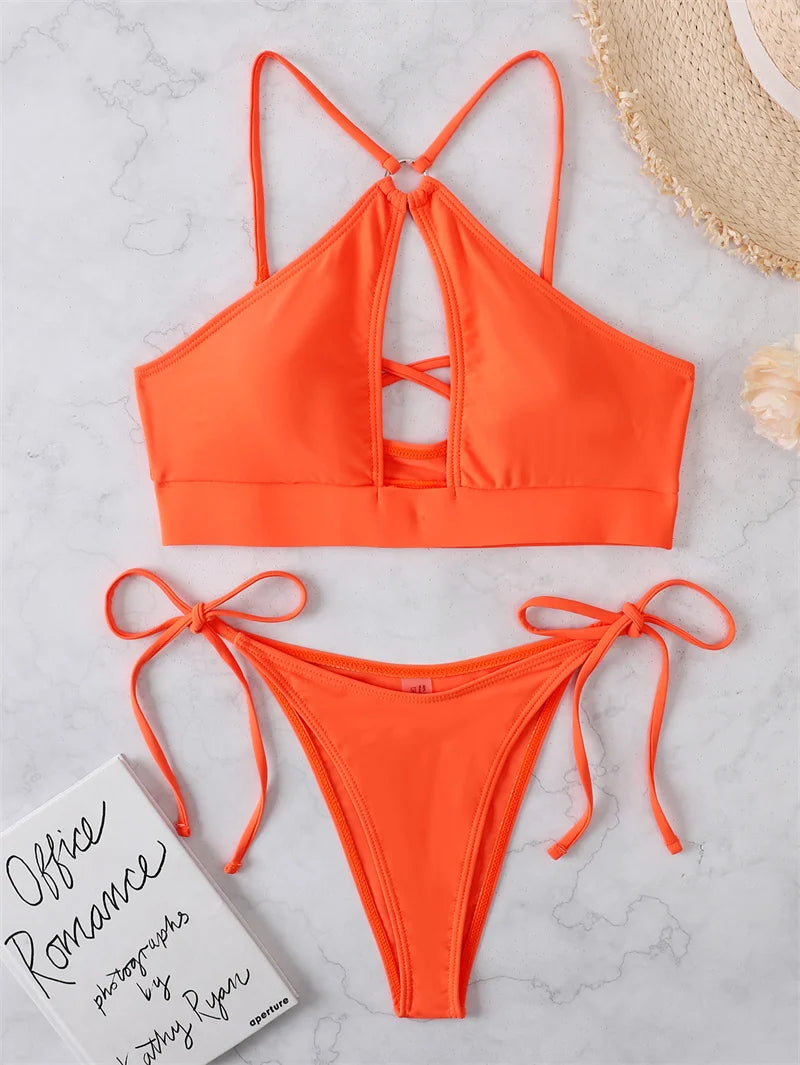 Cross Halter Bikini High Cut Female Swimsuit Women Swimwear String Thong Bikini set Padded Bandage Bathing Suit