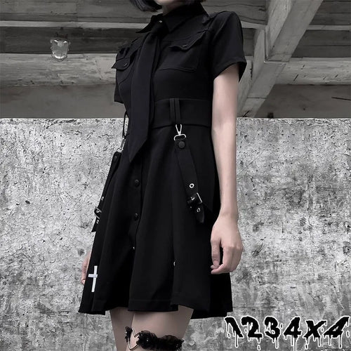 Load image into Gallery viewer, Goth Dress Punk Gothic Harajuku Summer Black Mini Dress Shirt Women Short Sleeve Emo Clothes Mall Goth Dark Academia
