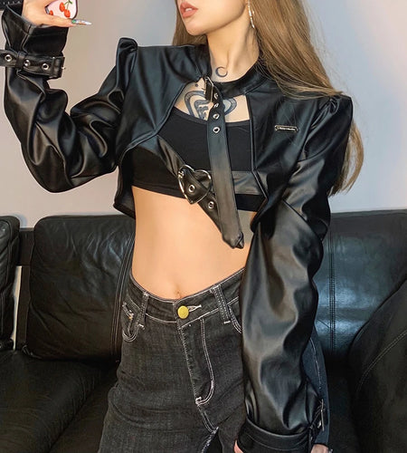 Streetwear Punk Style Buckles Black PU Leather Jacket Women Spring Autumn Smock Cropped Coat Cardigan Fashion Outfits
