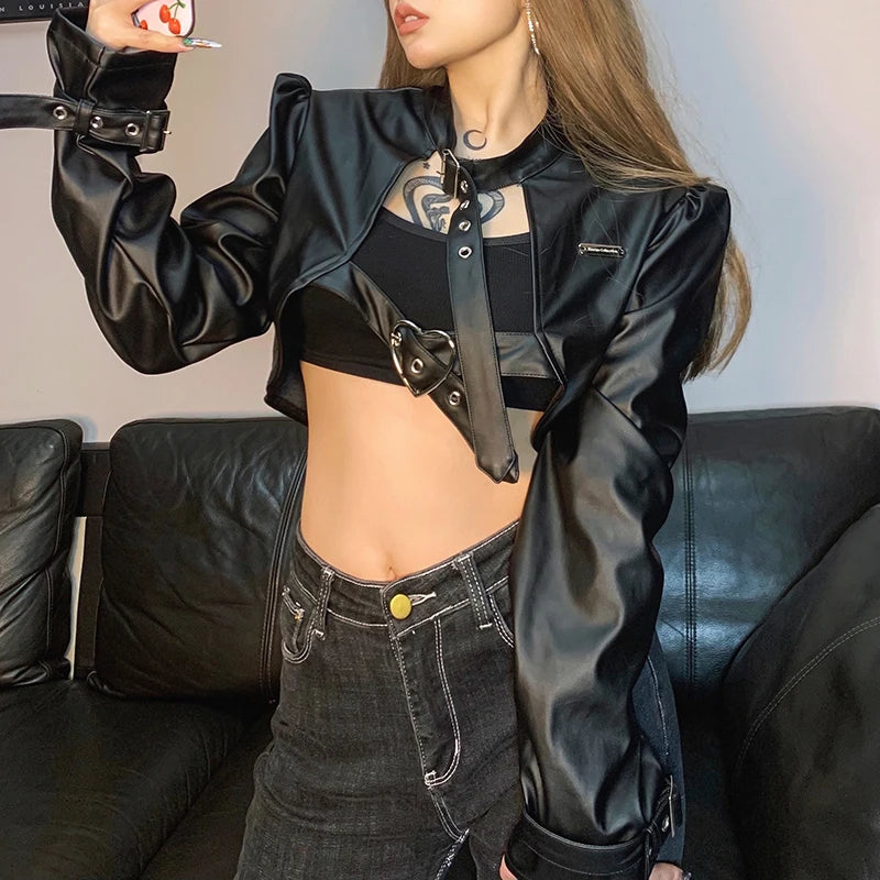 Streetwear Punk Style Buckles Black PU Leather Jacket Women Spring Autumn Smock Cropped Coat Cardigan Fashion Outfits