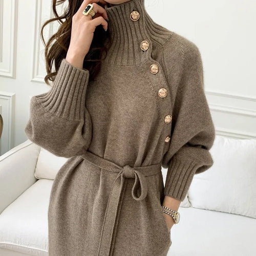 Load image into Gallery viewer, Elegant Sweater Dress Female Fashion Casual Loose Turtleneck Solid Pullover Sash Tie Up Robe Femme Autumn Winter Party Dress
