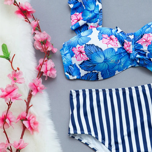 Load image into Gallery viewer, Blue Flower Print Ruffled Bikini Set Stripe High Waist Swimsuit Sexy Swimwear Women Female Bandage Bathing Suit
