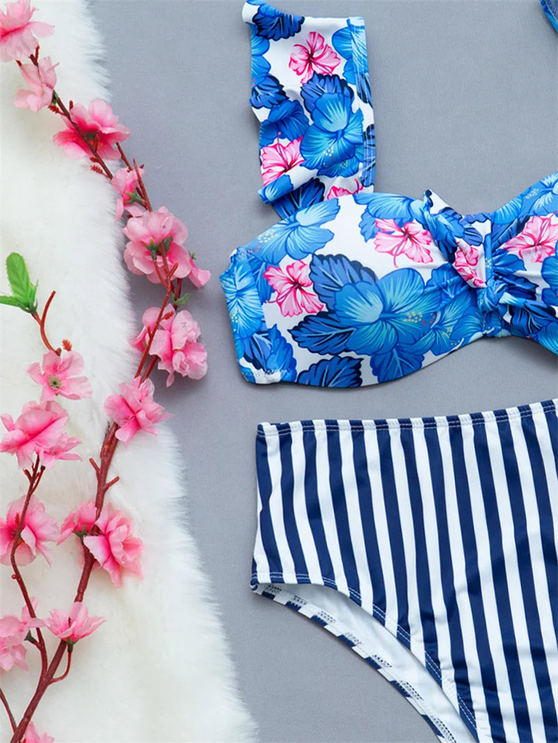 Blue Flower Print Ruffled Bikini Set Stripe High Waist Swimsuit Sexy Swimwear Women Female Bandage Bathing Suit