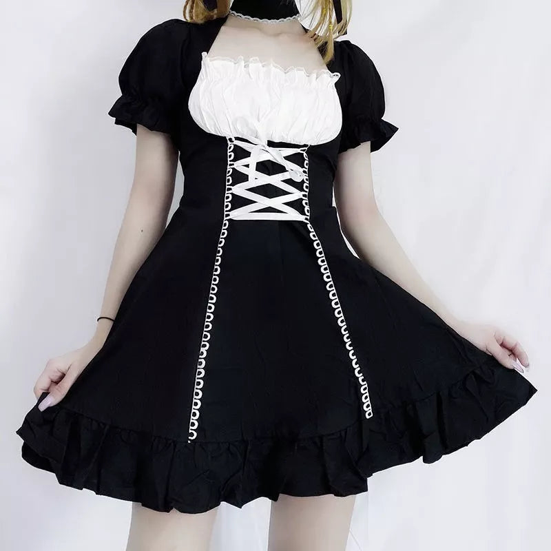 Women's Maid Dress Kawaii Lolita Outfit French Milkmaid Costume Cosplay Bandage Sexy Waitress Dress Puff Sleeve Uniform