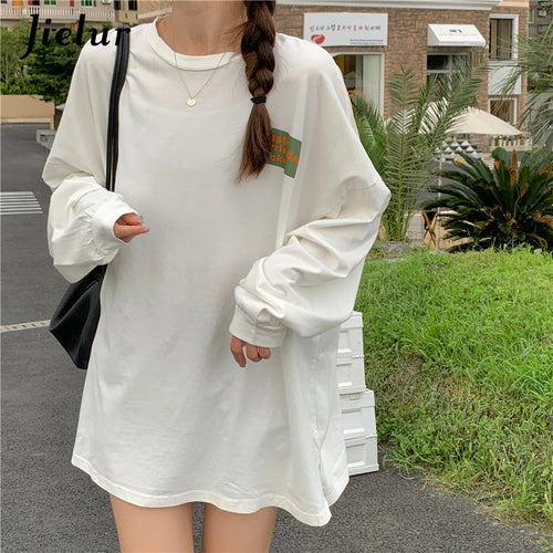 Load image into Gallery viewer, Loose Split Long-sleeved Women T-shirt O-neck White Tops High Street Mid-length Tee Shirt Female Letter Printed Tees M-XL
