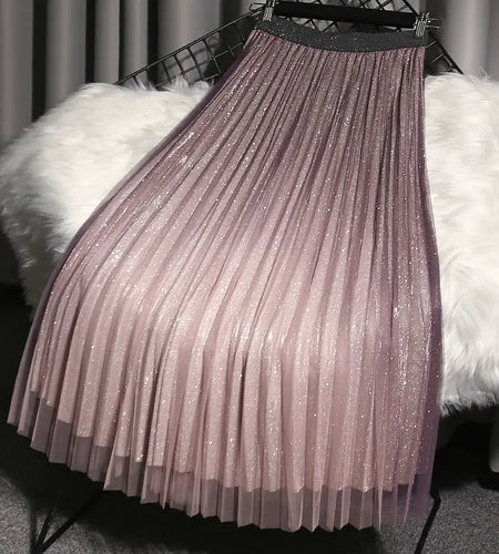 High Waist Mesh Long Skirt Women's Spring And Summer Sequin Gradient Color Pleated Midi Tulle Skirts Female Sweet Fairy Skirt