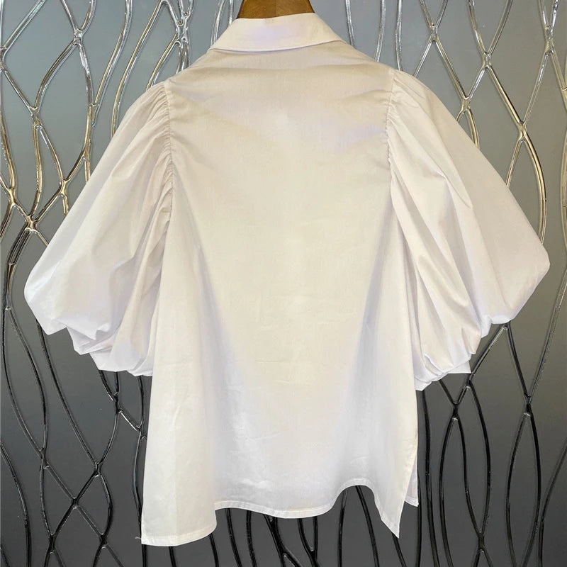 White Short Blouse For Women Lapel Puff Sleeve Patchwork Diamond Casual Shirt Female Fashion Clothing